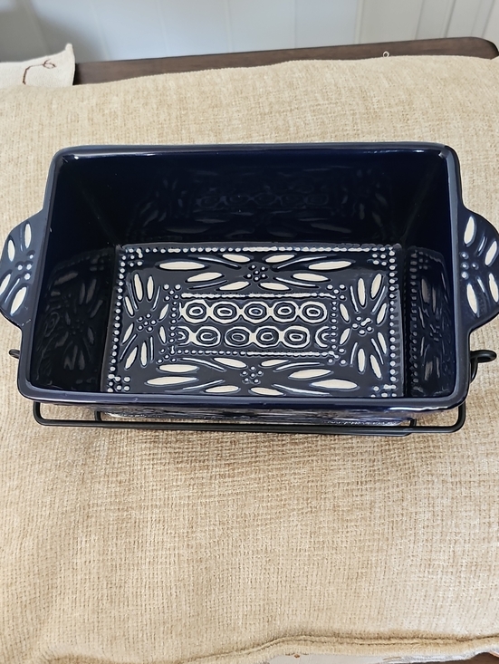Temp-Tations Other - Temp-Tations Navy Blue Ceramic Baker with Decorative Pierced Pattern and Rack